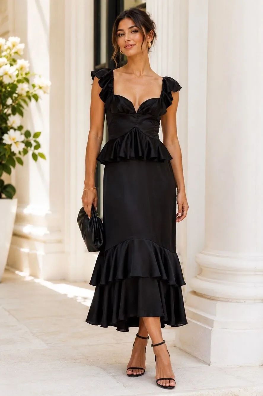 Show Me Your MuMu Reese Ruffle Midi Dress Black Sweetheart Peplum Tiered Sz Larg